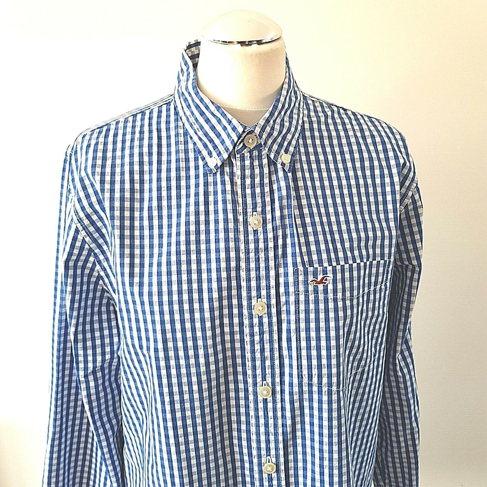 Hollister Blue & White Gingham Check Fitted Button Down Shirt - Size XL