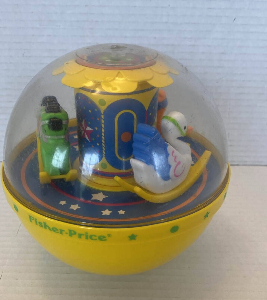 1985 FISHER PRICE VINTAGE CHIME BALL ROLY POLY YELLOW 1150 MUSICAL BABY CAROUSEL