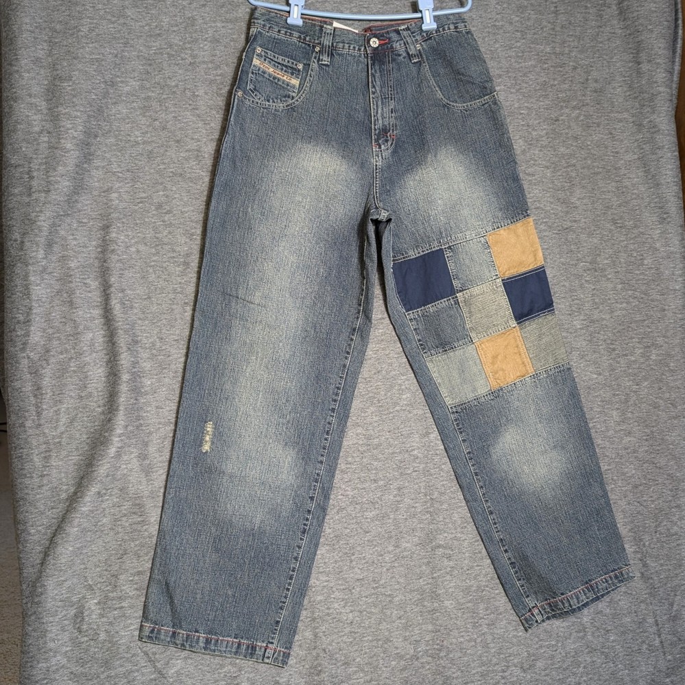 OZOC Baggy Wide Leg Patchwork Jeans for Men Size 32x33 Y2K Grunge Streetwear Skater Style