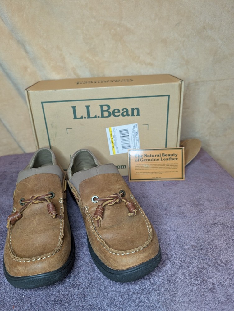 LL Bean Shoes Mens Size 9 1/2 Brown Leather Slippers Moccasin Lined With Box EUC