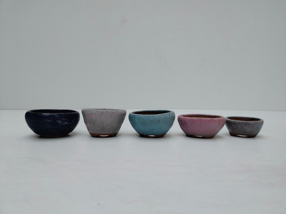 HOUSEN Signed Japanese Glazed Bonsai Pots Set of 5 Small Size