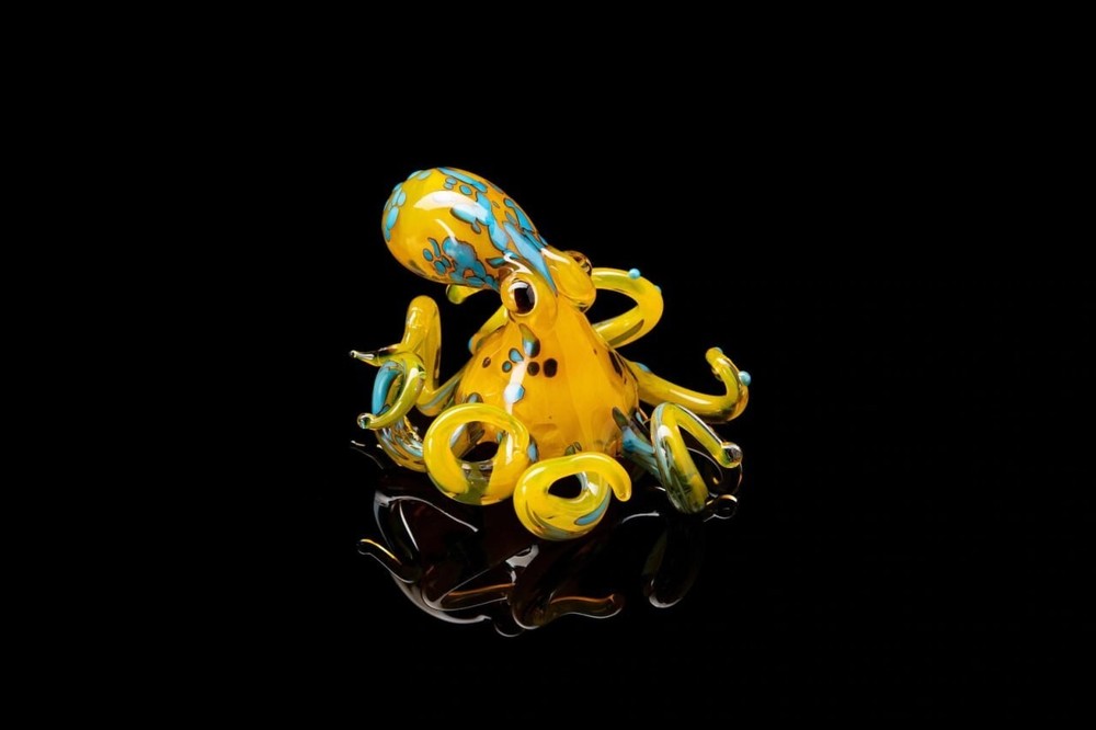 Small Yellow Glass Octopus Figurine Handcrafted Art Piece