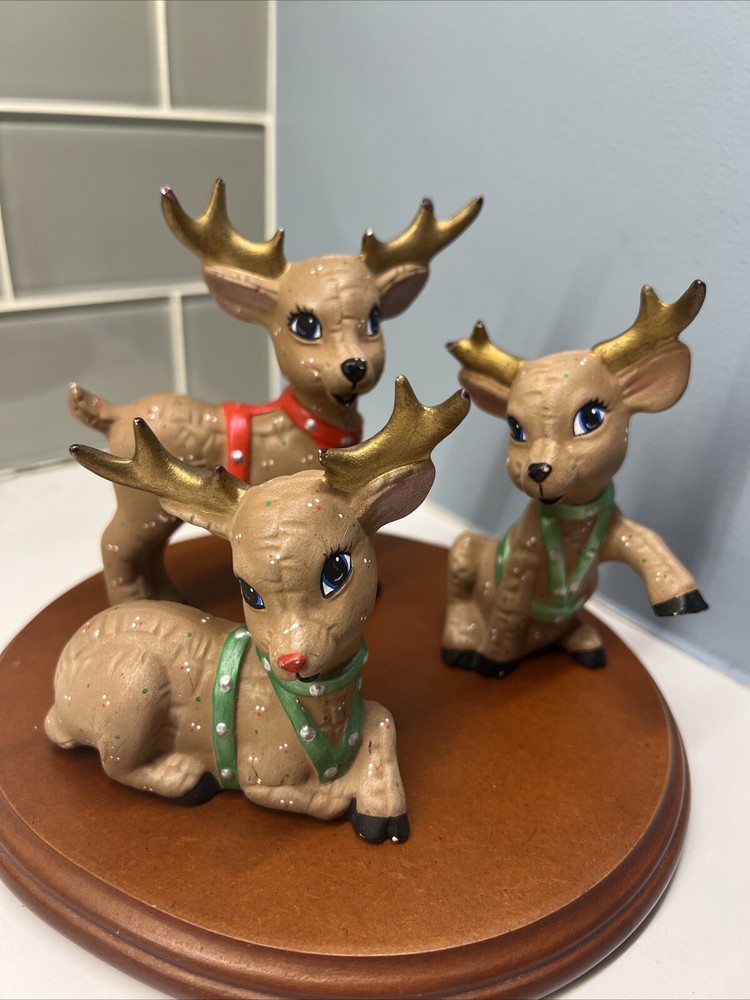 Reindeer Christmas FigurinesHand Painted W/ Polka Dots Hobbyist Ceramic