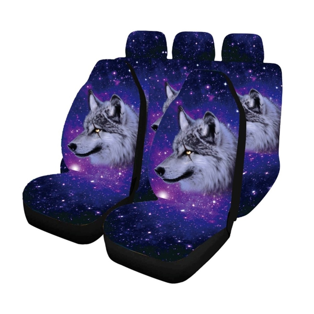 3D Wolf Graphic Polyester Car Seat Covers Full Set Front Rear Cushion Protector