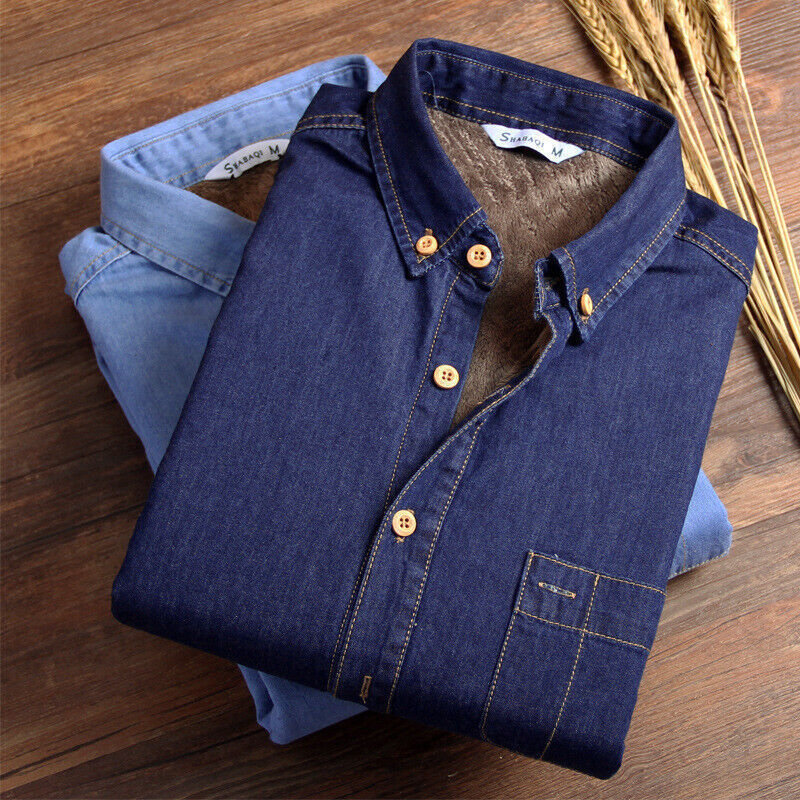 Mens Winter Jeans Shirt Warm Fleece Lined Velvet Denim Shirts Bottoming Shirt