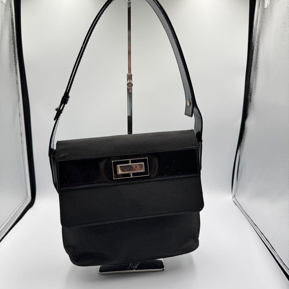 CELINE Vintage Black Nylon Enamel Logo Shoulder Bag Authentic