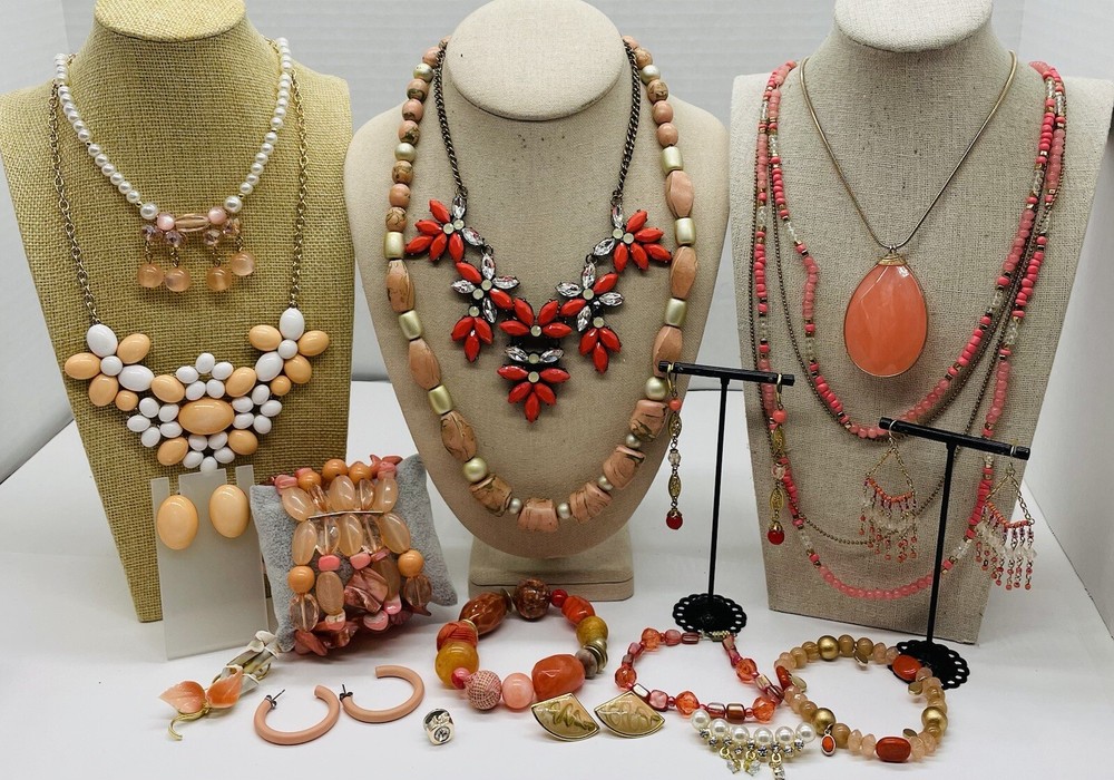 18 PC Vintage to New Jewelry Lot PEACH THEME Bracelets Necklaces Earrings J-548