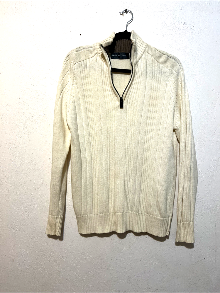 Oscar de la Renta Sweater Mens Size S Ivory 100% Cotton 1/4 Zip  preppy classy