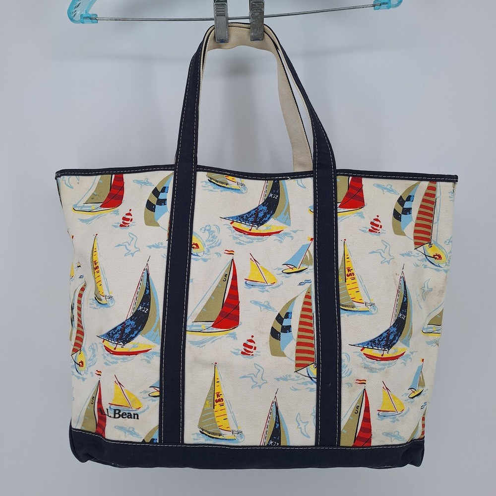 LL Bean Boat & Tote Bag Blue Straps White Sailboats Seagulls Sea Life Design