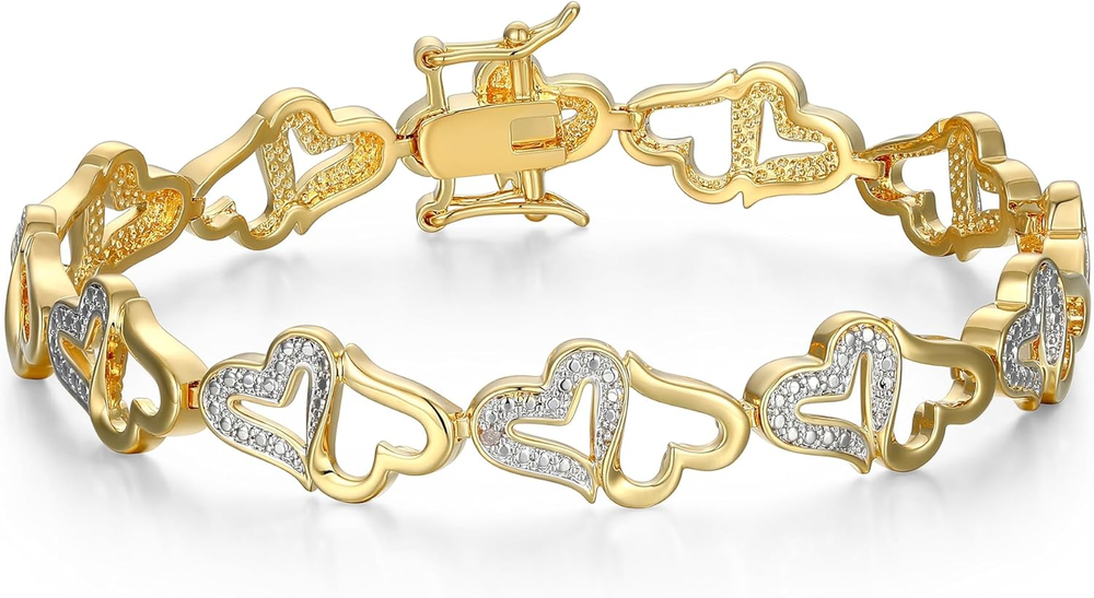 18K Gold Plated Bronze Diamond Accent Open Heart Bracelet, 7.25