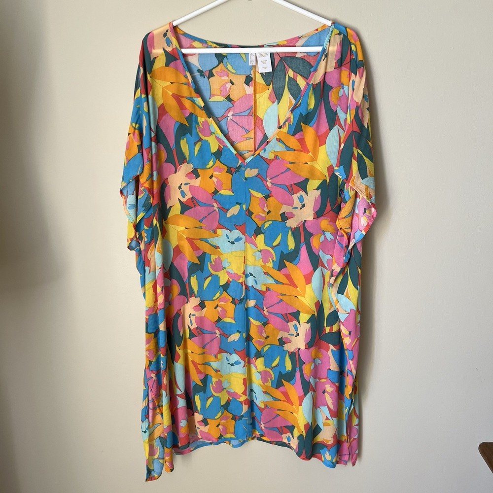 Anne Cole Womens Printed Plumeria Easy Tunic Cover-up L/XL Tropical Pool Beachy