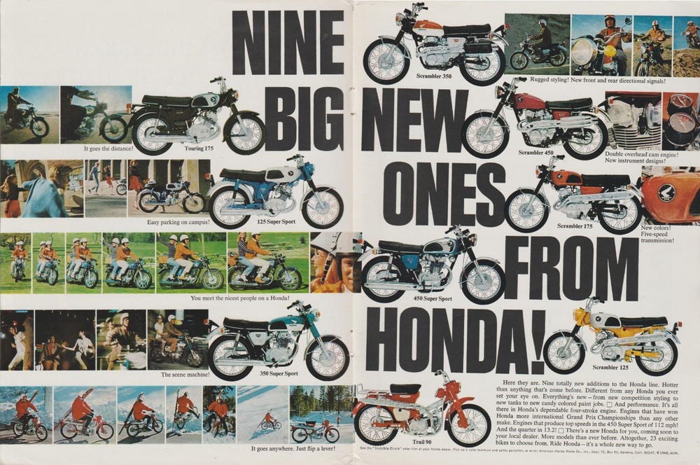 1968 Honda Motorcycle Lineup Print Ad Featuring Nine New Big Models-image