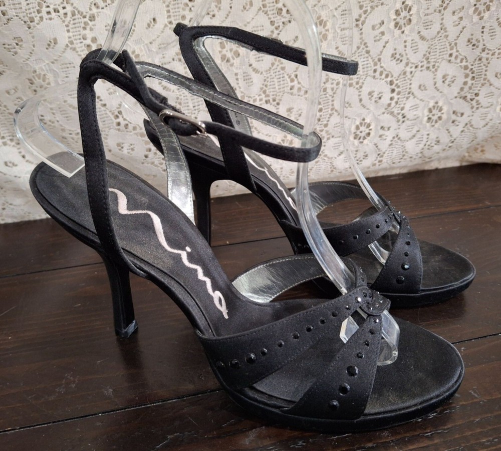 EUC Nina Black Leather Strappy Dress Heels/Sz. 7.5M