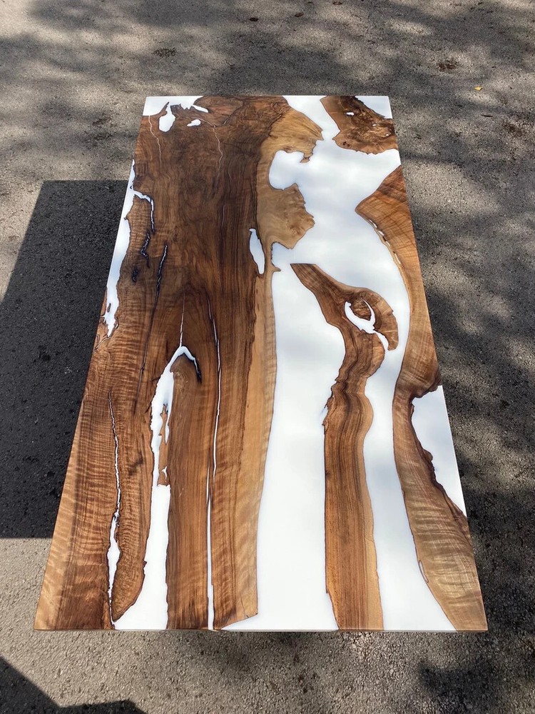 White Epoxy Resin Live Edge Dining Table Top Handmade Wood Decor