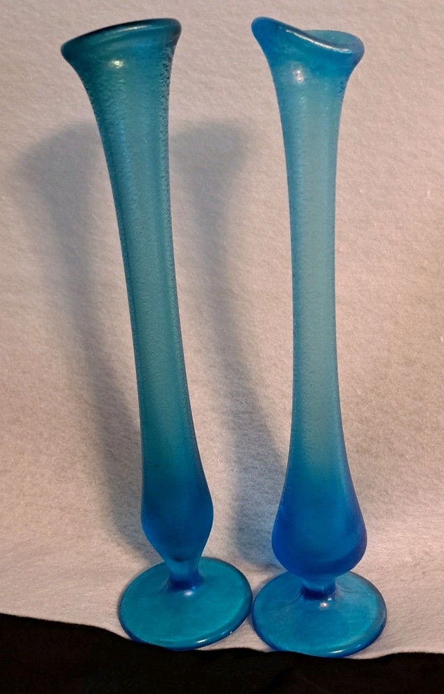 Fenton XL Colonial Celeste Blue Swung Glass Bud Vase Set of 2