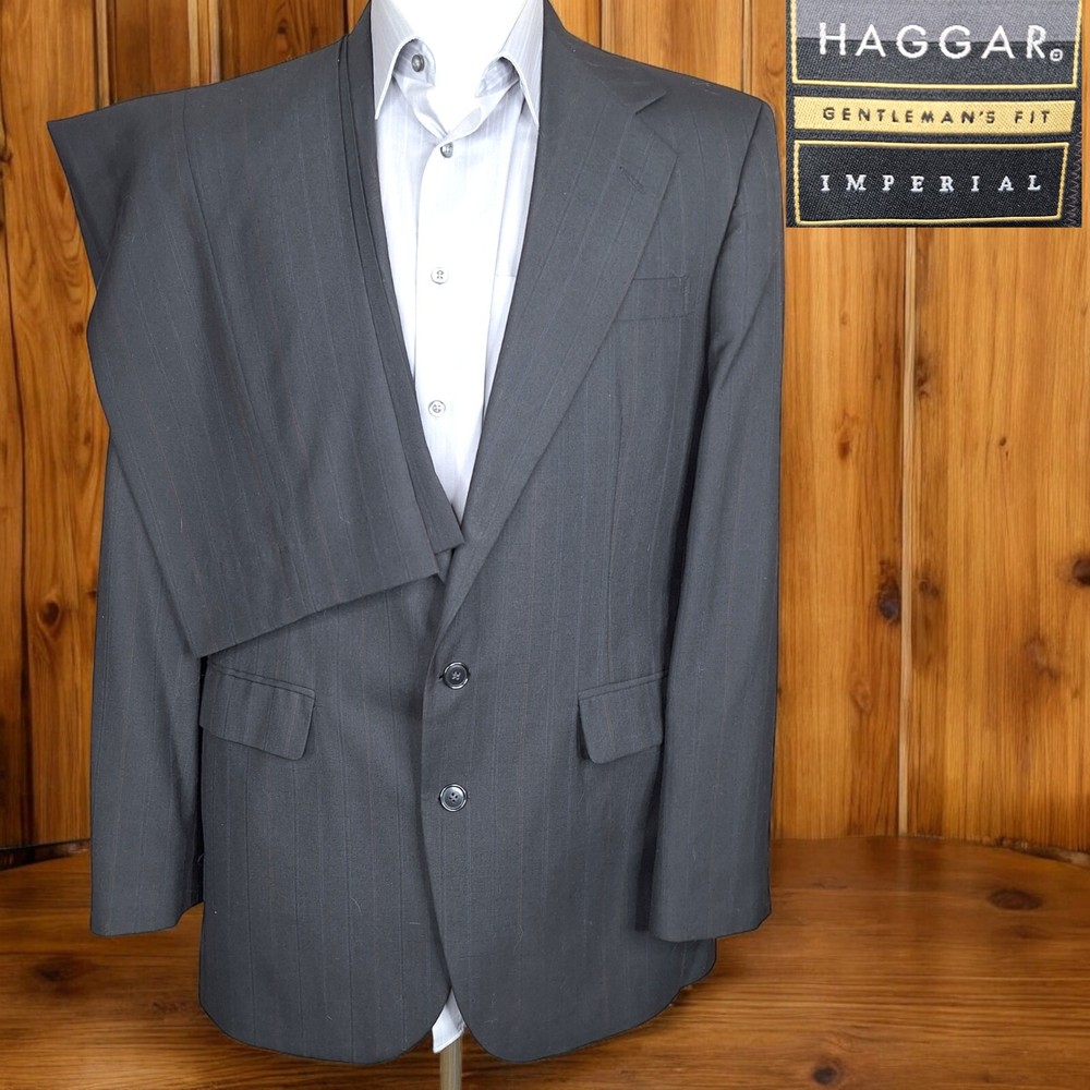 Vintage Haggar Black Stripe 2-Piece Suit Mens 40R 32X30 Single Vented