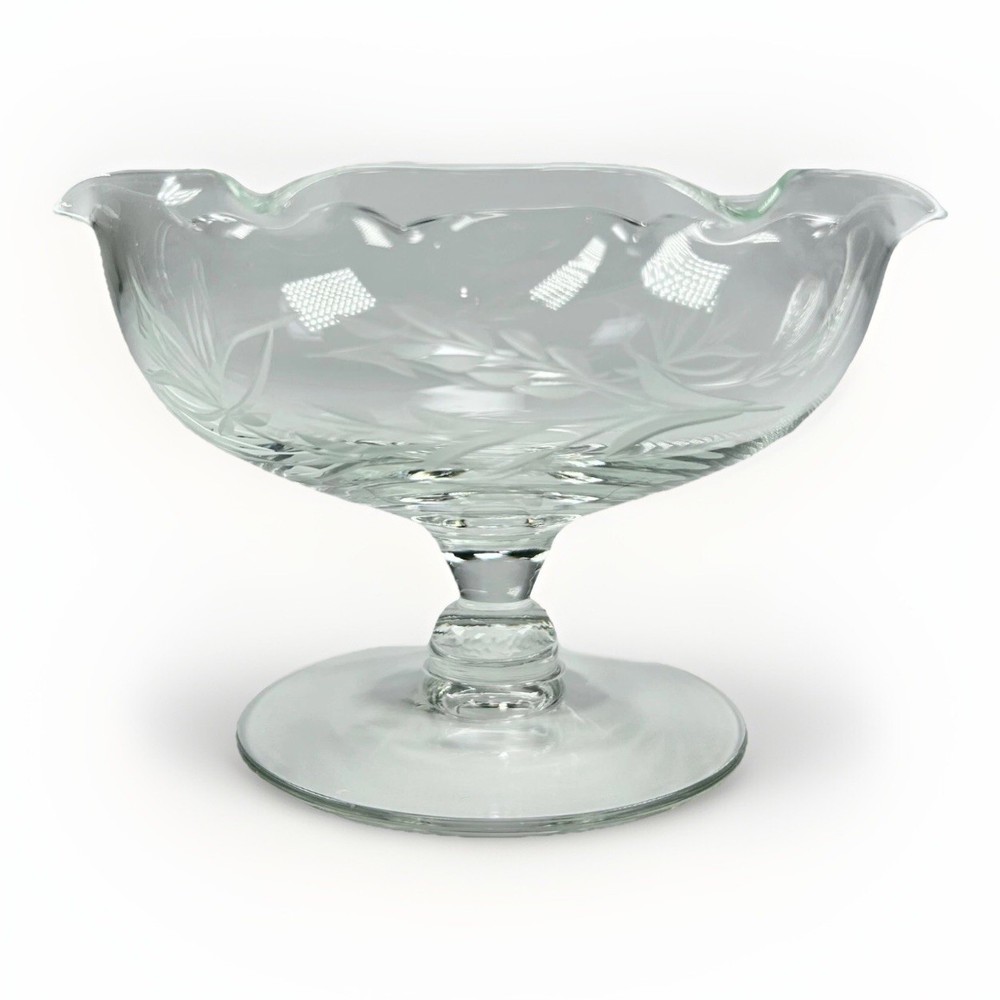 Vintage Glass Footed Scalloped Compote Bowl with Floral Etching