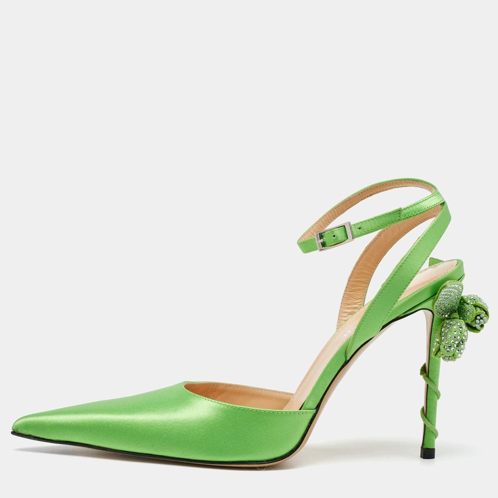 Mach Mach Green Satin Wonder Tulip Pointed Toe Ankle Strap Sandals Size 39