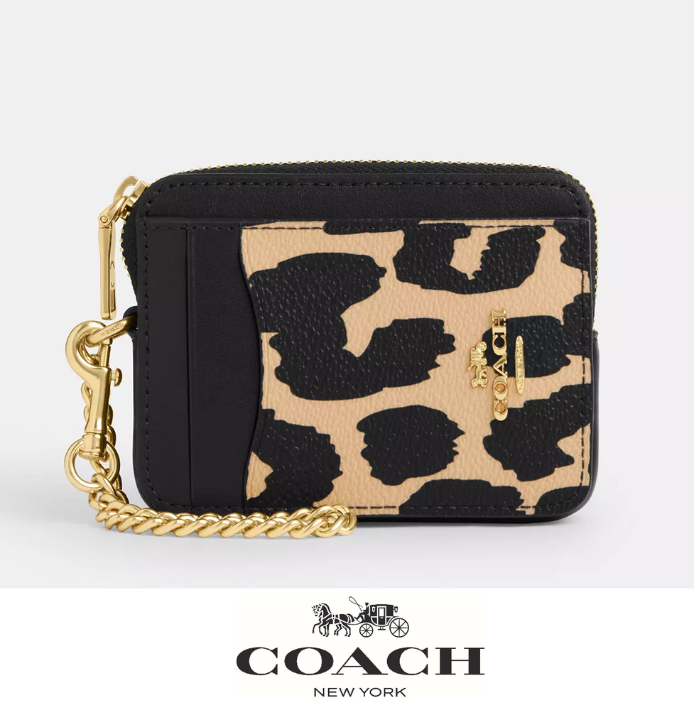 NWT COACH CW884 Leopard Print Coated Canvas Leather ID Zip Card Case Wallet