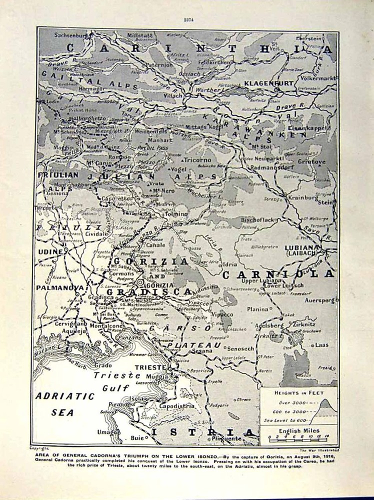 Old Antique Print 1916 World War Siers Italian Isonzo Map Trieste Gulf 20th