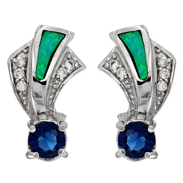 2CT Blue Sapphire & Australian Opal 925 Sterling Silver Earrings EO2