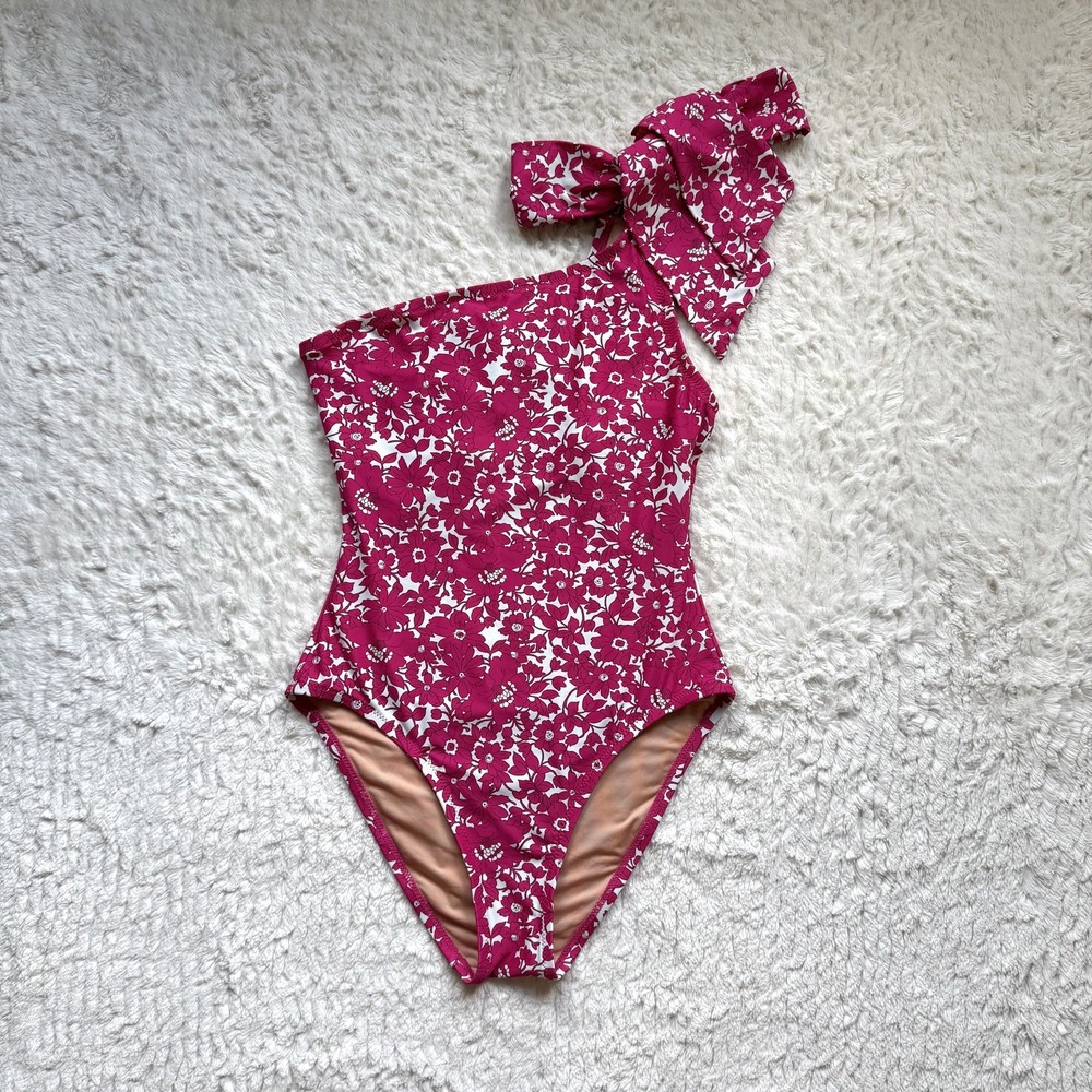 J. Crew Bow One Shoulder One Piece Swimsuit Size 6 Pink Floral Boho Retro NWOT