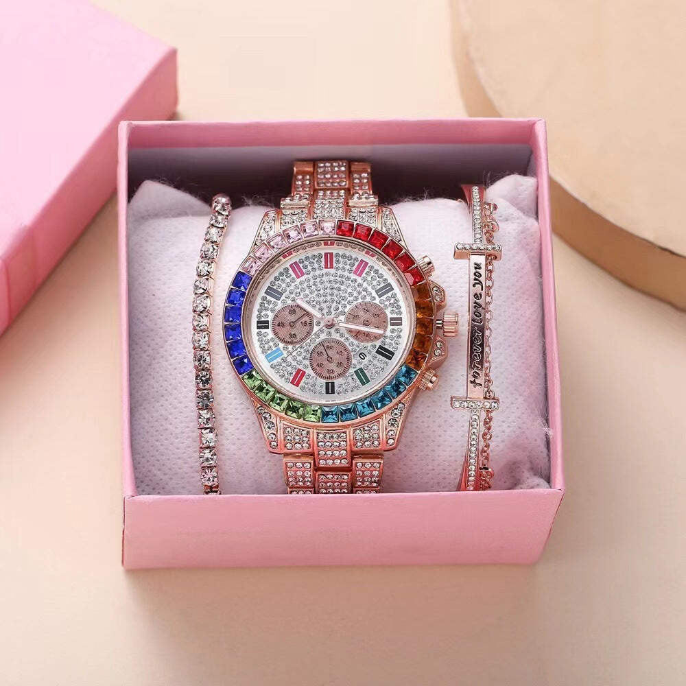 Colorful Crystal Three-Eye Diamond Steel Bracelet Set with 12mm Thickness and 40