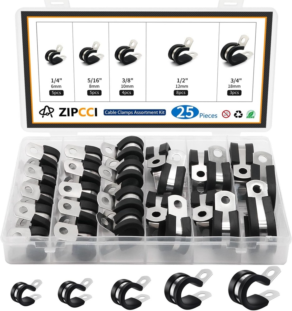 Stainless Steel Rubber Cushion Cable Clamps Kit 25 Pack Pipe Clips