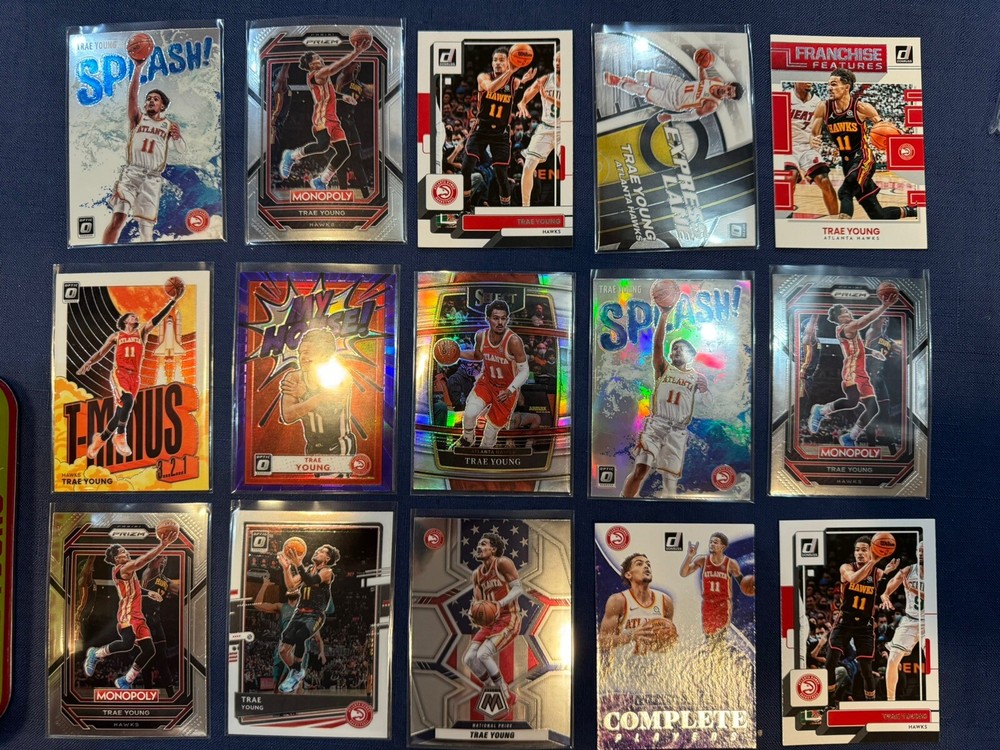 Trae Young 15 Basketball Card Lot with Tin, Select Optic, and Insert Cards Featuring the Atlanta Hawks Star Player🔥