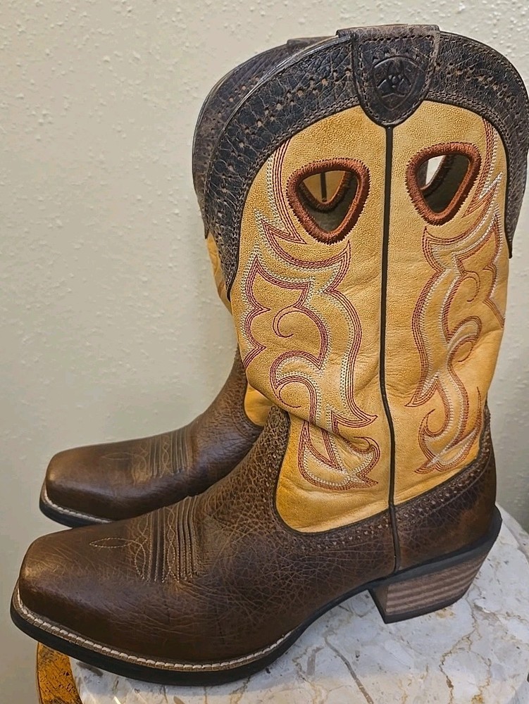 ARIAT Men's 10.5D Rawhide Brown & Yellow Leather Square Toe Cowboy Boots #10006864