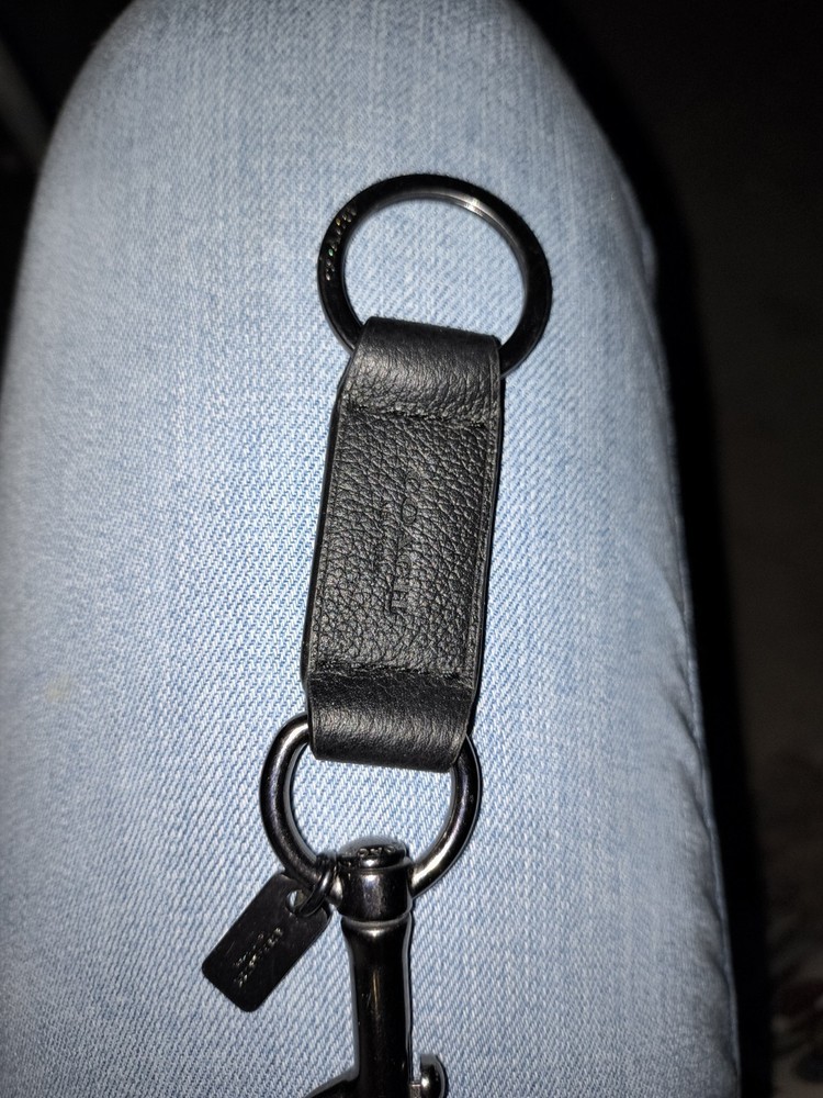 COACH Black Leather Trigger Heart Snap Keychain Keyfob with Heart Charm