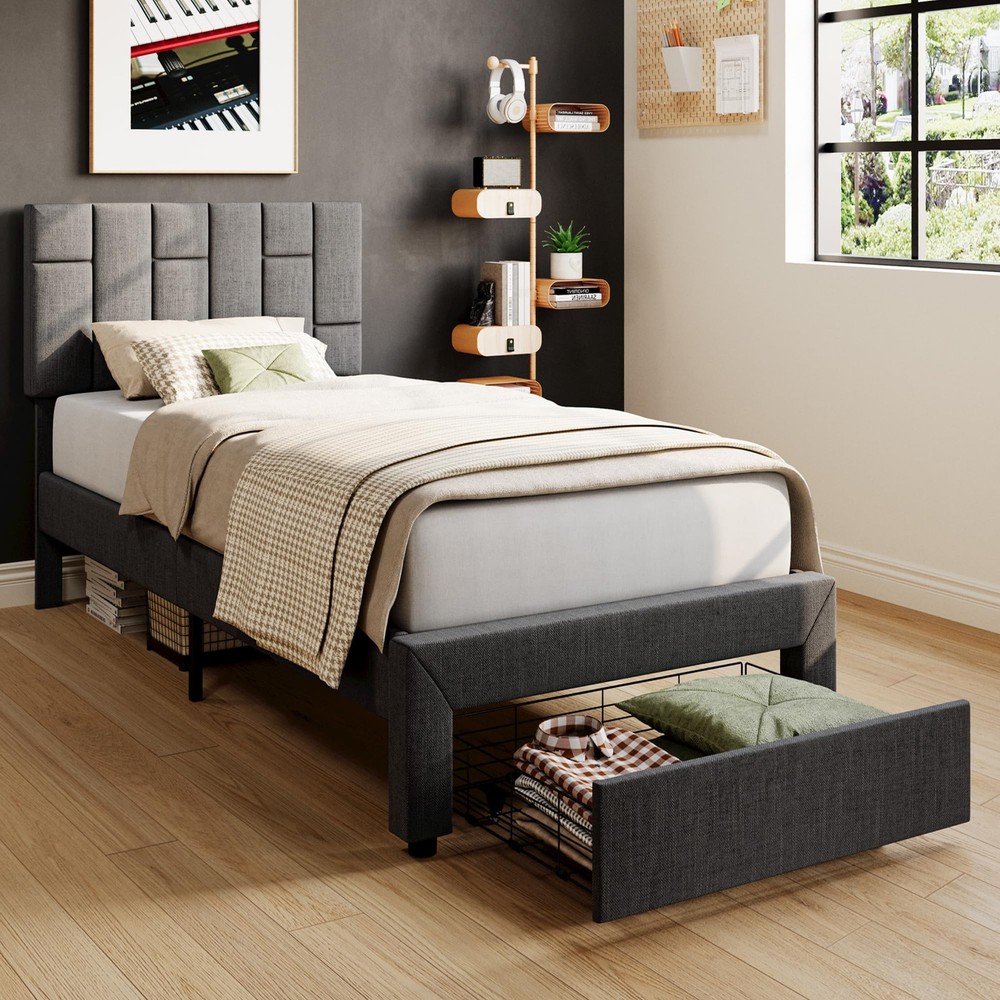 LIKIMIO Twin XL Bed Frame with Under-Bed Drawer, Platform Upholstered Bed wit...