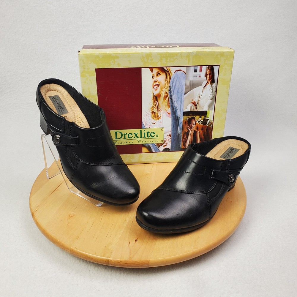 Drexlite Womens Black Leather Mule Clog Slip On Dress Shoes Size 6.5 M  
