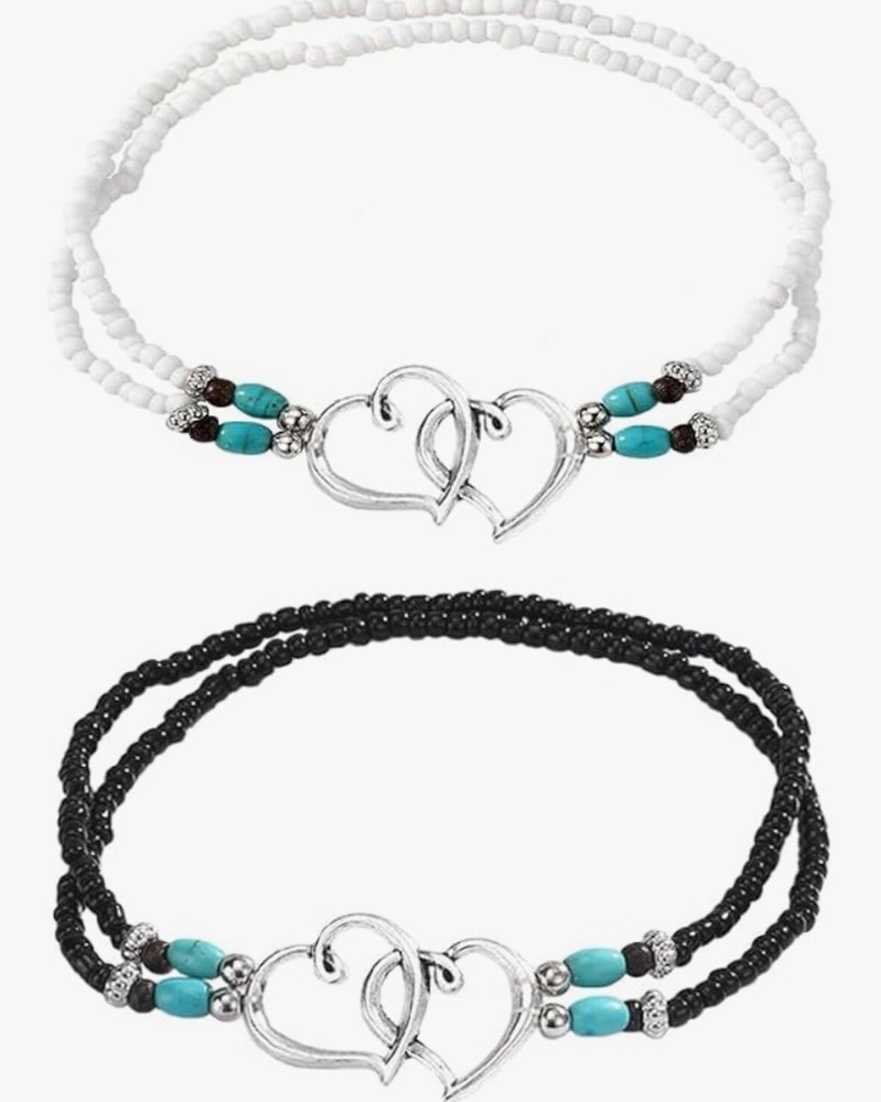 Black and white heart bead anklet set of 2