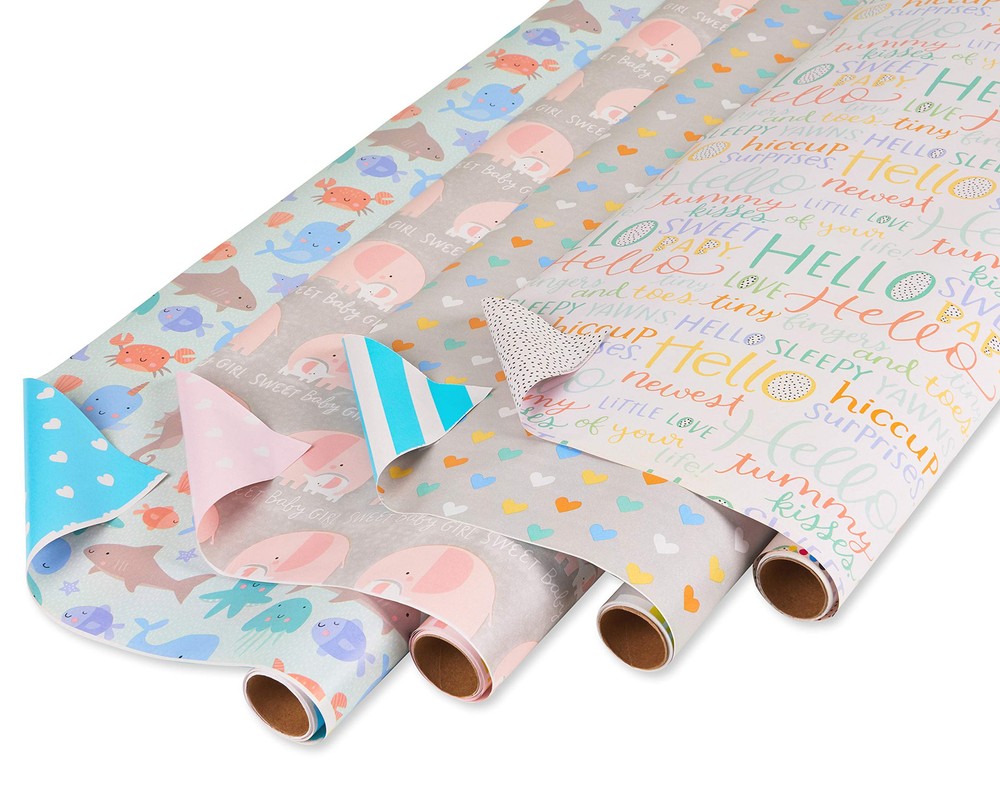 Reversible Baby Shower Wrapping Paper, Animals and Hearts (4 Rolls, 160 sq. ft)