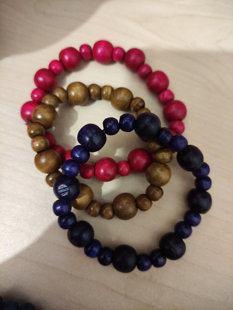 3 Stretchy Beaded Wooden Bracelets - Adjustable Natural Style