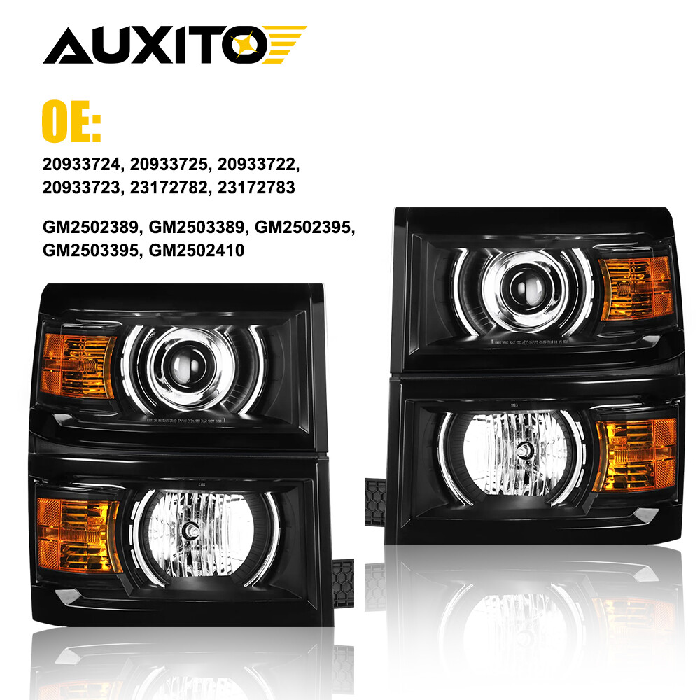 Black Fit 2014-2015 Chevy Silverado 1500 Pickup Headlights Headlamps Left+Right