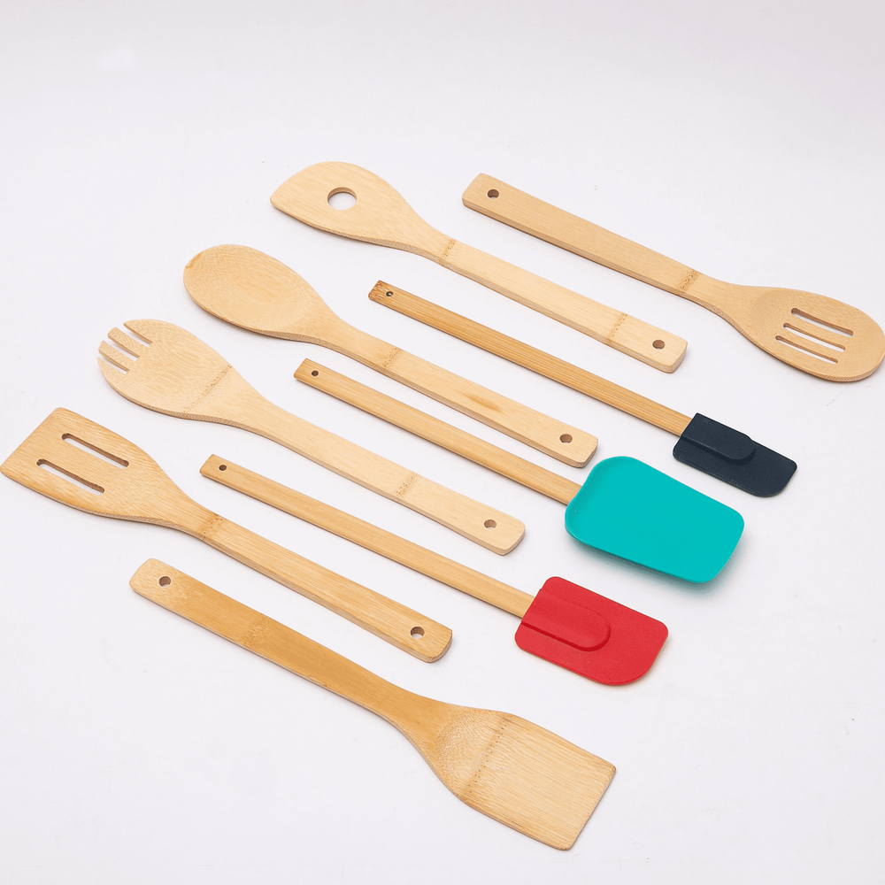 100% Natural Bamboo Tool and Gadgets 9 Pieces Utensil Set for Cooking