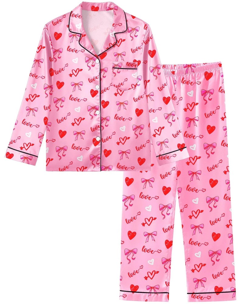 Girls Pajamas Silk Satin Valentines Pjs Set Long Sleeve Button Down Heart Sle...