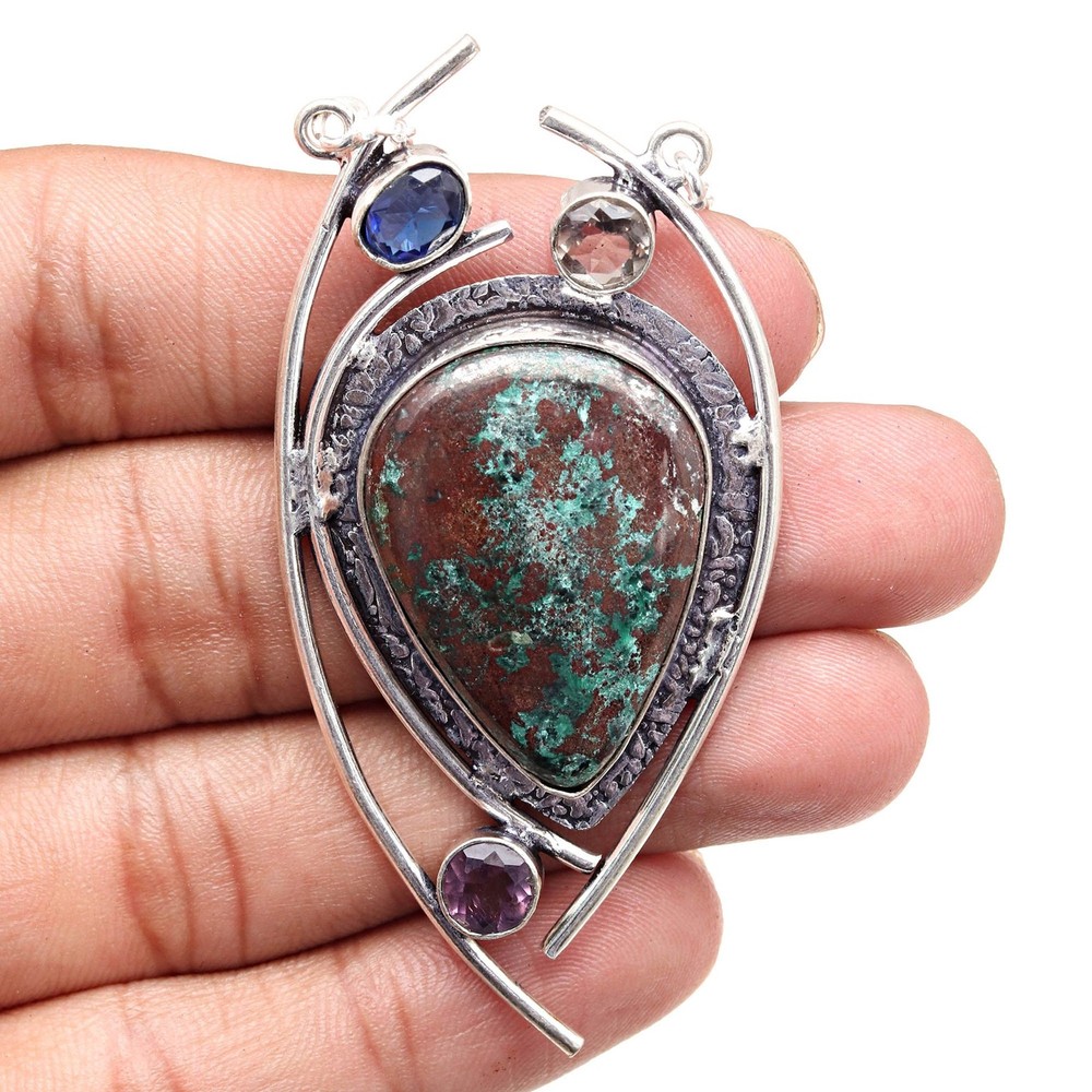 Handmade Sterling Silver Chrysocolla Gemstone Pendant 2.25 Inches