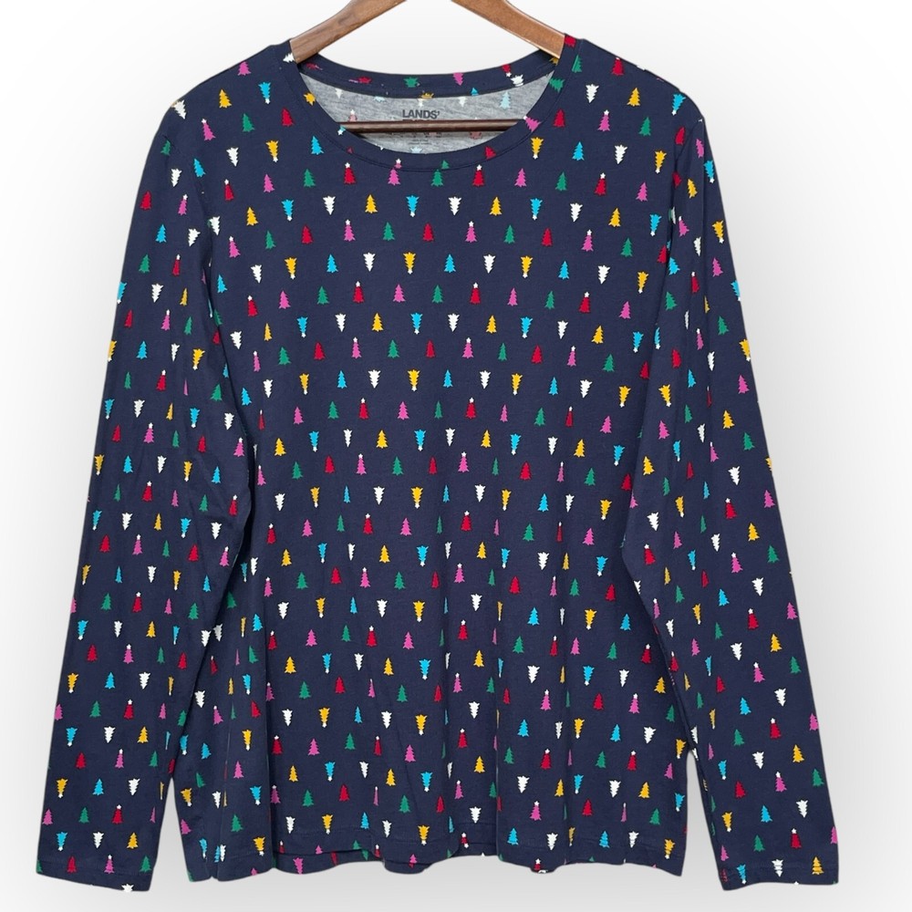Lands End Womens XL Blue Christmas Tree Print Long Sleeve Cotton Top