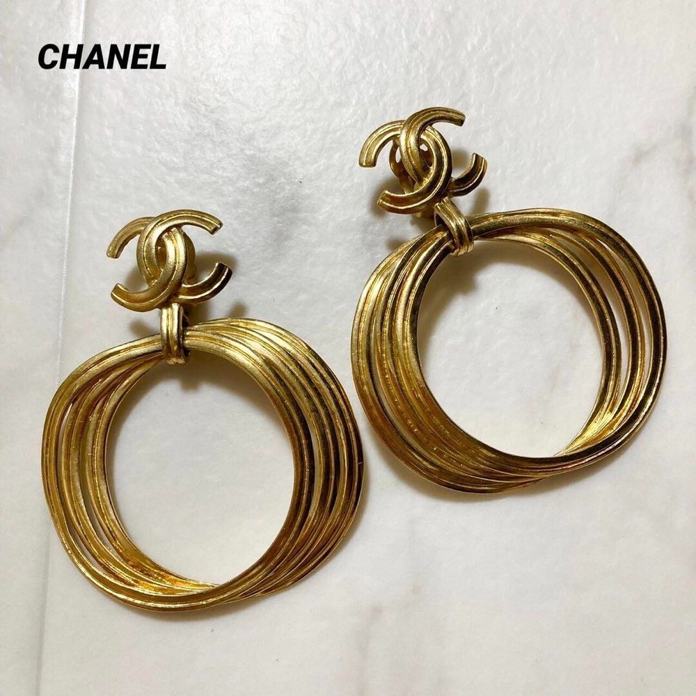 CHANEL Gold Tone CC Logo Clip-On Hoop Earrings 3 Hoops Auth U11254