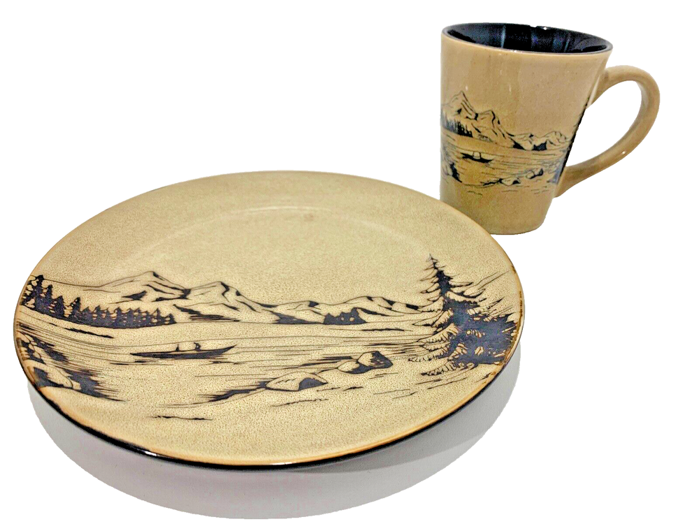 Pfaltzgraff Lake Adventure Brown Glazed Ceramic Plate and Coffee Mug