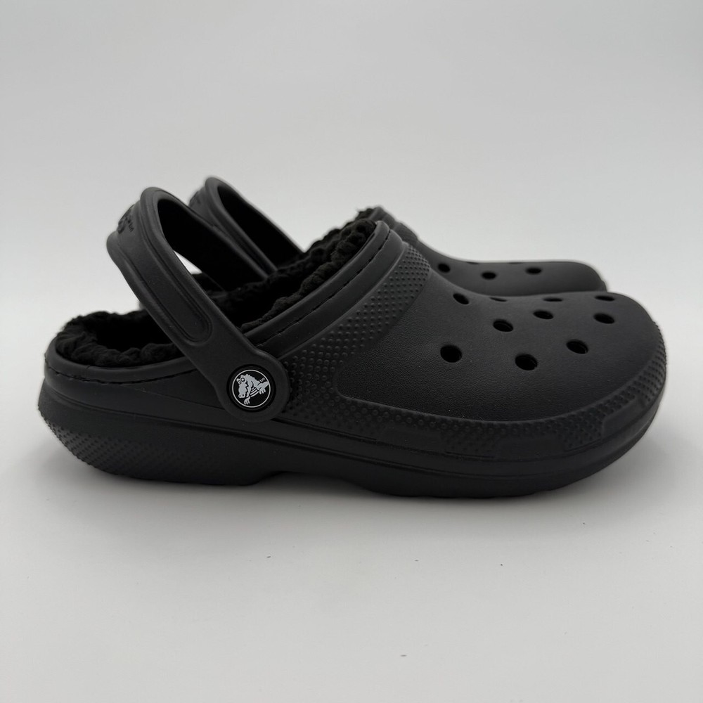 Women's Crocs Classic Lined Clogs Size 7 Black Fur Slip On Comfort Shoes