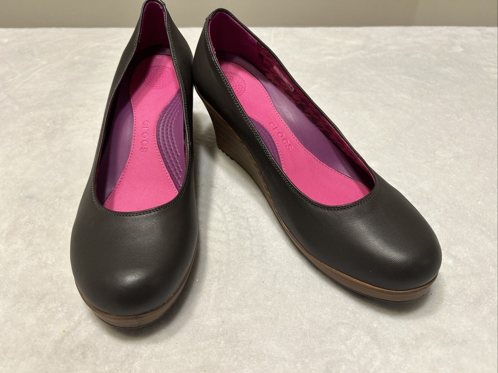 Crocs Womens Size 10 Leigh Wedge Heel Brown Leather Slip On Comfort Shoes