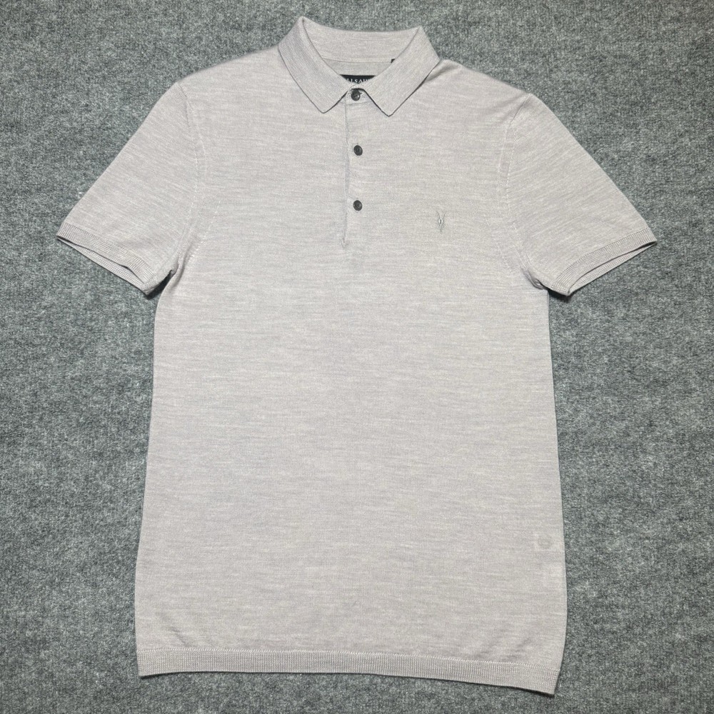 Allsaints Polo Shirt Mens X-Small Lavender Knit 100% Merino Wool Short Sleeve