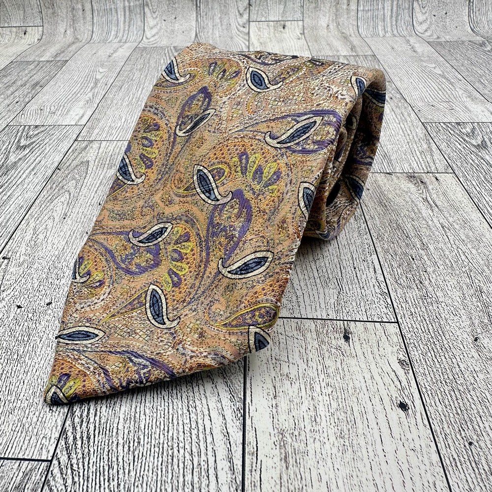 Robert Talbott Seven Fold All Silk Tie Gold/Blue Paisley Design 65” LONG