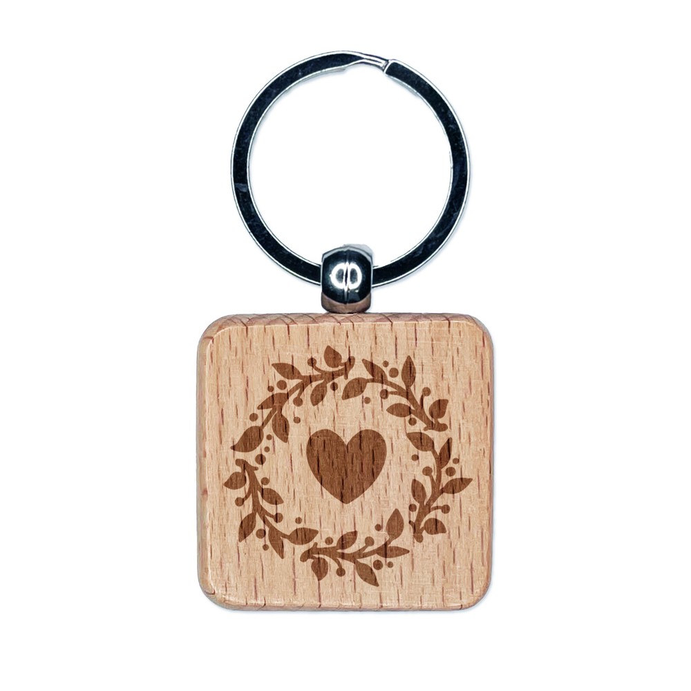 Autumn Leaf Wreath Heart Center Wooden Keychain Charm  