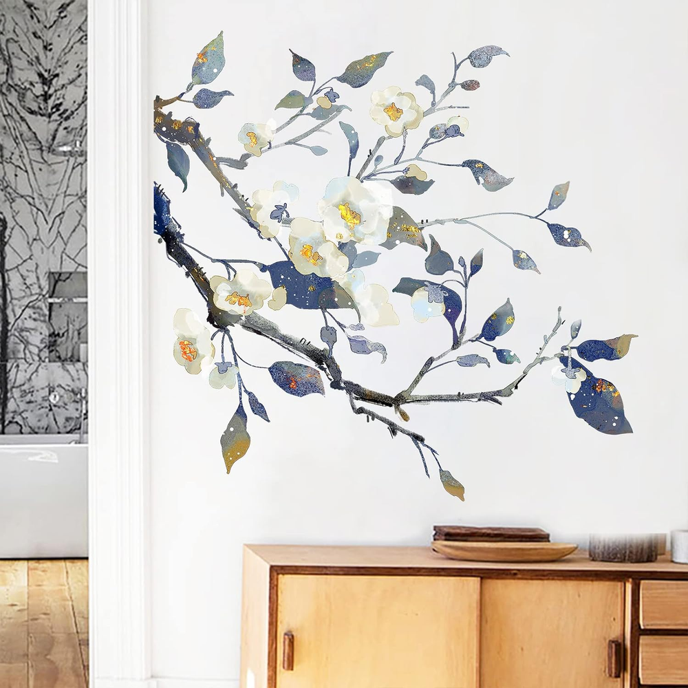 Camellia Flower Tree Wall Decals Living Room Floral Wall Stickers Removable Peel