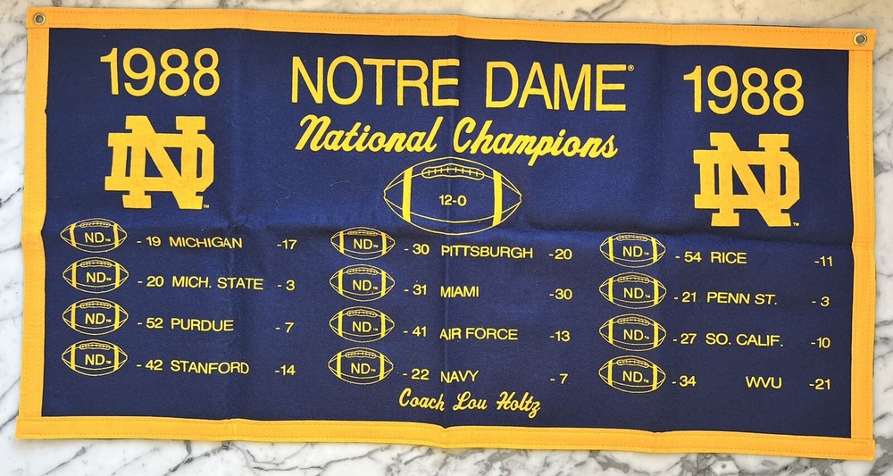NOTRE DAME FIGHTING IRISH FOOTBALL NCAA 1988 NATIONAL CHAMPIONSHIP BANNER